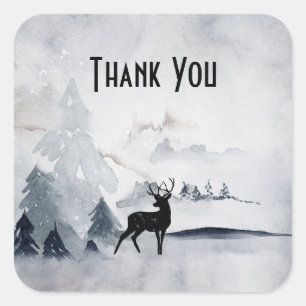 Winter Reindeer Rustic Gray Watercolor Thank You Square Sticker