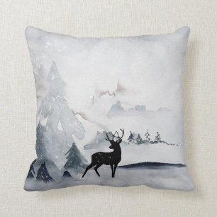 Winter Reindeer Rustic Gray Watercolor Throw Pillow