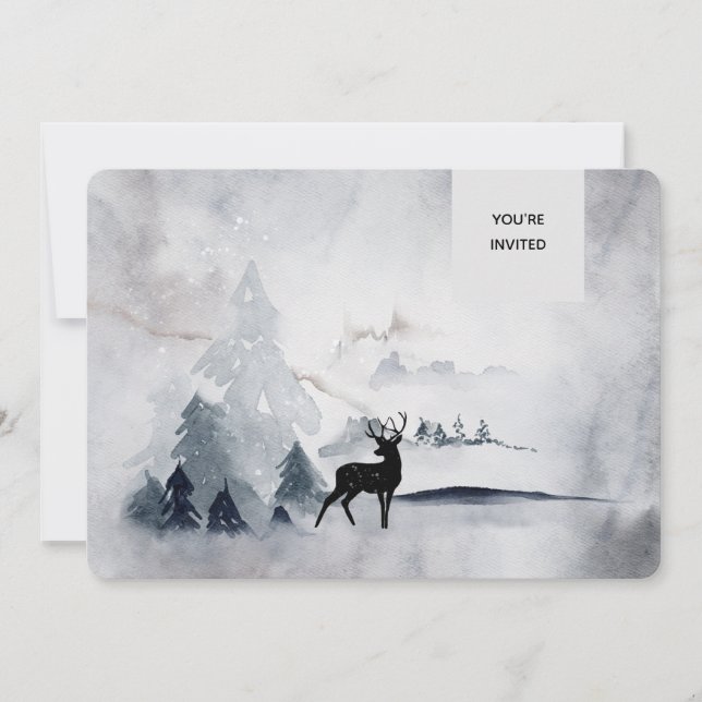 Winter Reindeer Rustic Gray Watercolor Wedding Invitation (Front)
