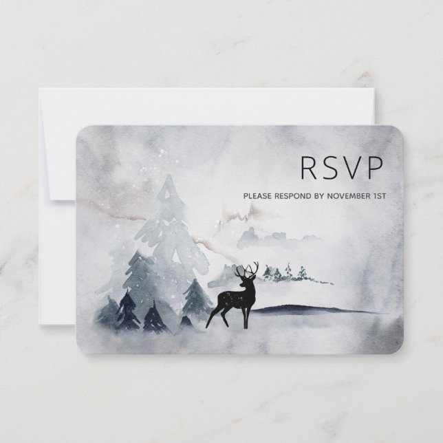 Winter Reindeer Rustic Gray Watercolor Wedding RSVP Card (Front)