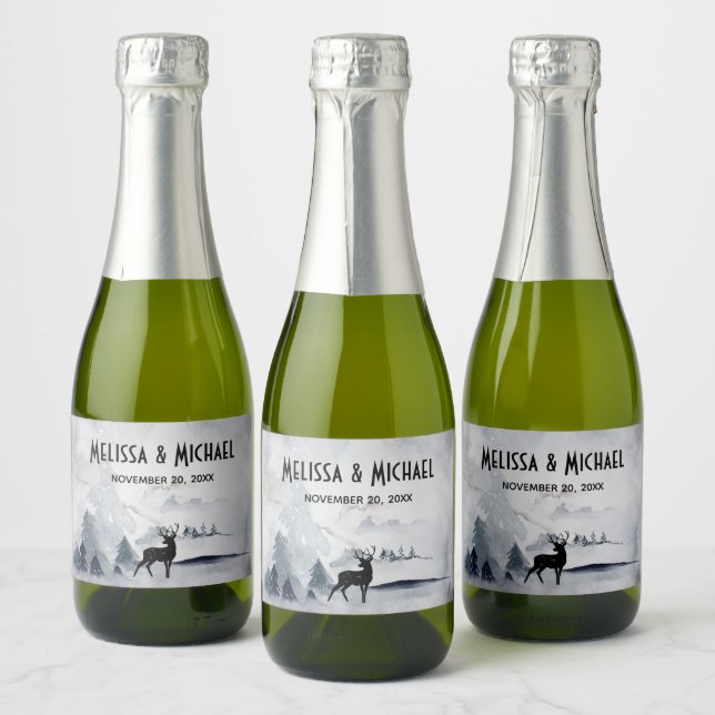  Winter Reindeer Rustic Gray Watercolor Wedding Sparkling Wine Label (Bottles)