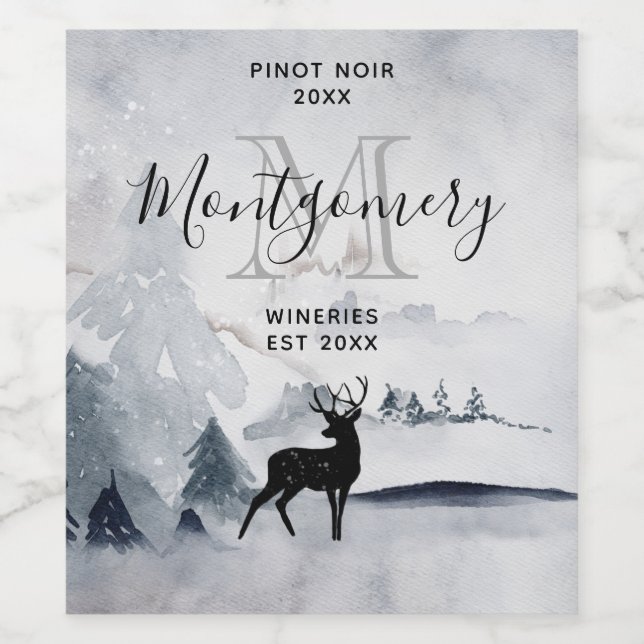 Winter Reindeer Rustic Gray Watercolor Wine Making Wine Label (Single Label)