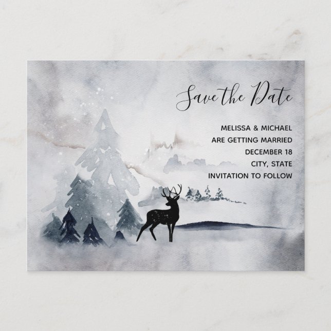 Winter Reindeer Rustic Gray Wedding Save the Date Invitation Postcard (Front)