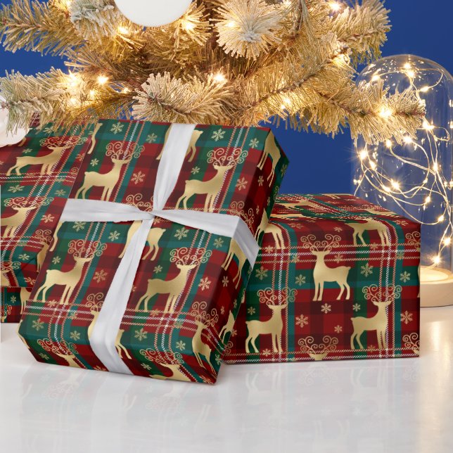 Winter Reindeer & Snowflakes Tartan & Gold Foil Wrapping Paper (Holidays)