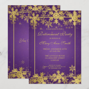Winter Retirement Party Gold Purple Snowflakes Invitation
