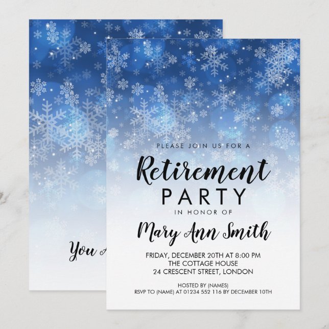 Winter Retirement Party Holiday Sparkle Blue Invitation (Front/Back)