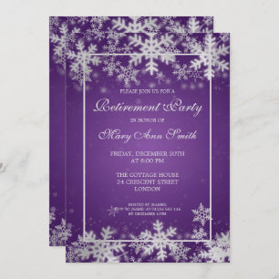 Winter Retirement Party Purple Silver Snowflakes Invitation