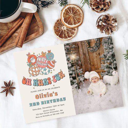Winter Retro Santa Claus Christmas Birthday Photo Invitation