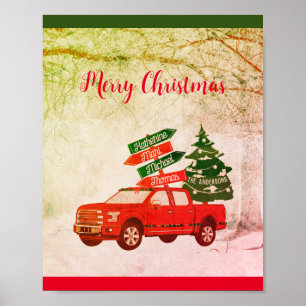 Winter Retro Vintage Red Truck Christmas Poster