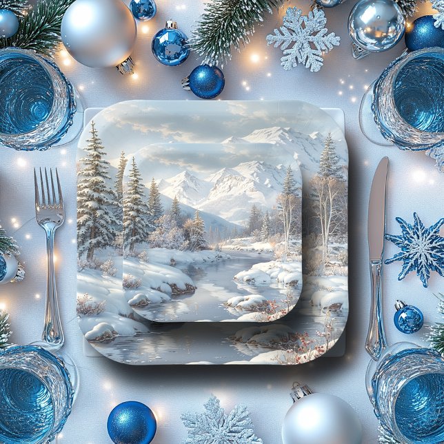 Winter River Pine Tree Forest Mountains Paper Plates (Creator Uploaded)