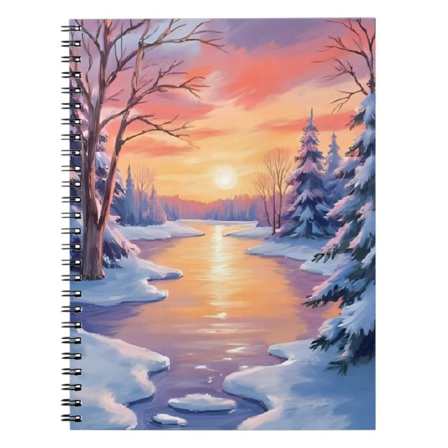 Winter River Sunset Landscape Snow Watercolor Notebook (Front)