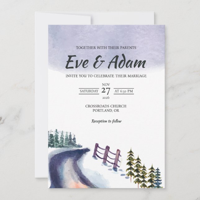 Winter Road Pine Fence Rustic Watercolor Wedding Invitation (Front)