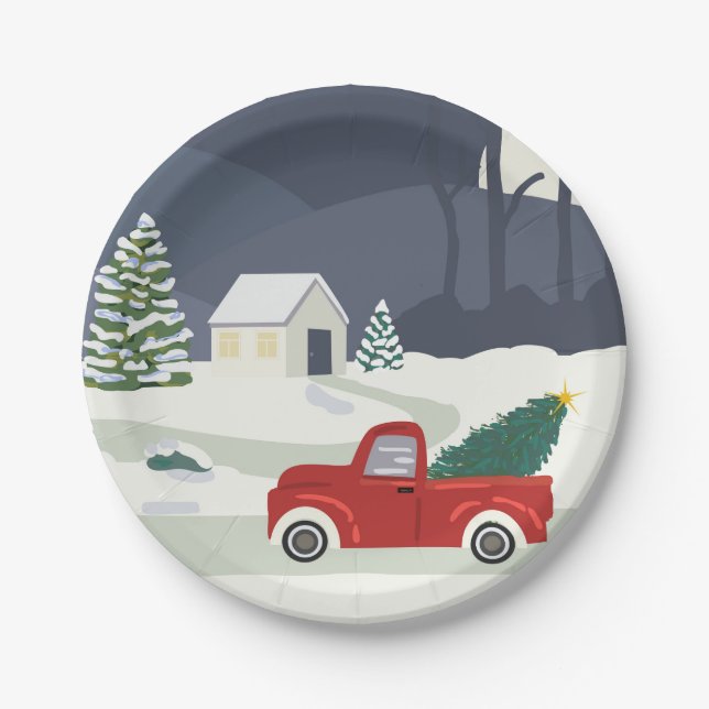 Winter Road Red truck Christmas Paper Plates (Front)