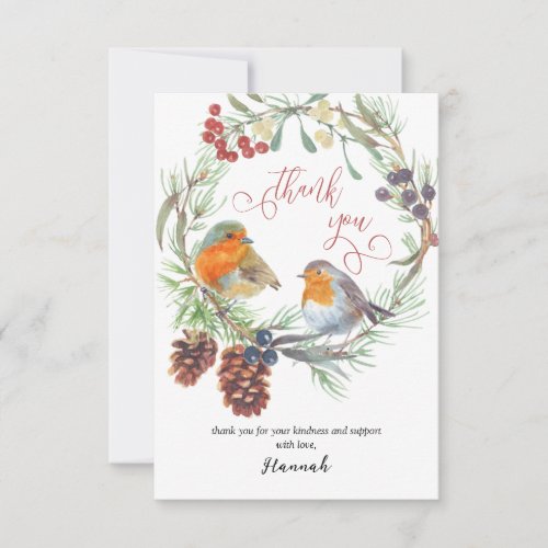 Winter Robin and Pine Wreath Calligraphy Thank You Card