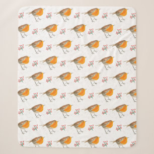Winter Robin Bird Pattern Watercolor Christmas Sherpa Blanket
