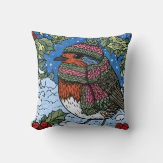 Winter Robin in Knitted Hat and Scarf Throw Pillow