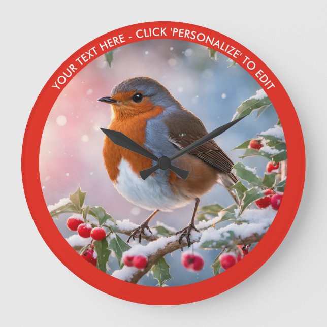 Winter Robin In Snow Custom Text Christmas Large Clock (Front)