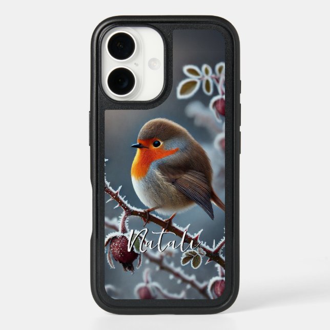 Winter Robin Perched on Frosted Rose Branch Otterbox iPhone Case (Back)