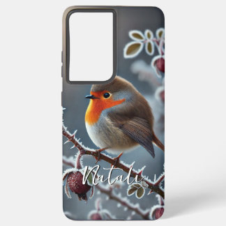 Winter Robin Perched on Frosted Rose Branch Samsung Galaxy S21+ Case