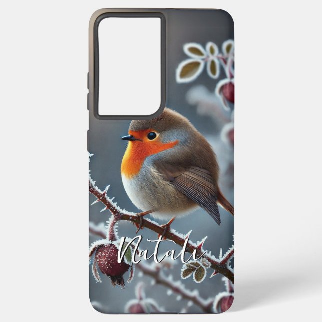 Winter Robin Perched on Frosted Rose Branch Samsung Galaxy Case (Back)