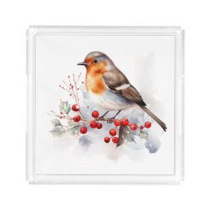 Winter Robin Red Berries Christmas Acrylic Tray