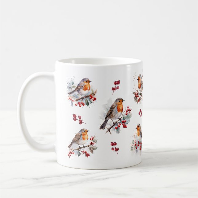 Winter Robin Red Berries Christmas Coffee Mug (Left)