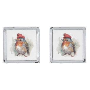 Winter Robin Watercolor Custom Christmas Style Cufflinks