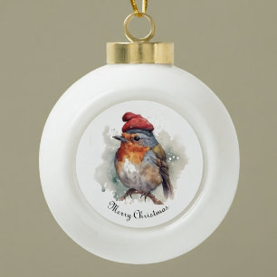 Winter Robin Watercolor Red Hat Pattern Ceramic Ball Christmas Ornament