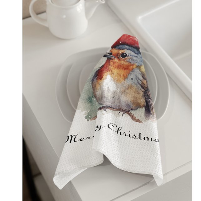 Winter Robin Watercolor Red Hat Pattern Kitchen Towel (Creator Uploaded)
