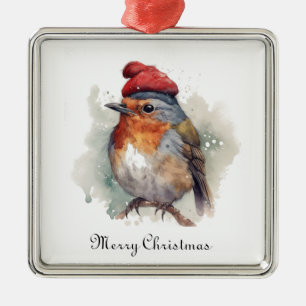Winter Robin Watercolor Red Hat Pattern Metal Ornament