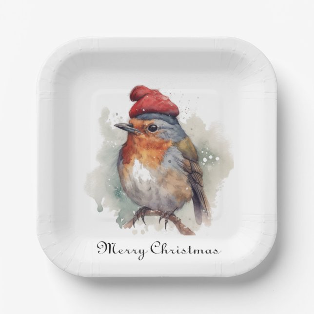Winter Robin Watercolor Red Hat Pattern Paper Plates (Front)