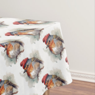 Winter Robin Watercolor Red Hat Pattern Tablecloth