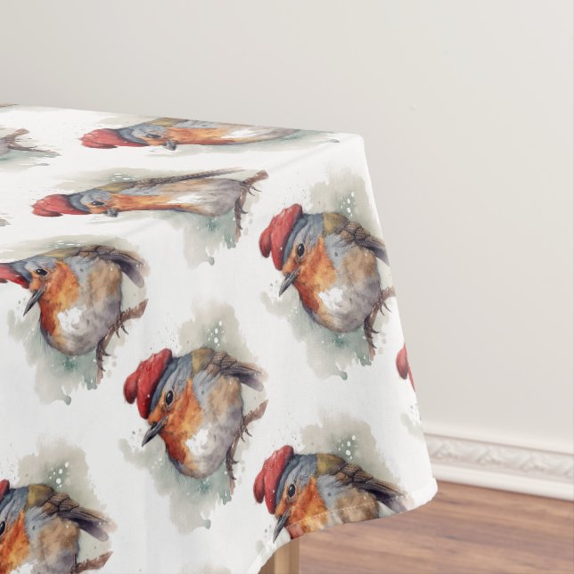 Winter Robin Watercolor Red Hat Pattern Tablecloth (In Situ)