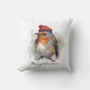 Winter Robin Watercolor Red Hat Pattern Throw Pillow