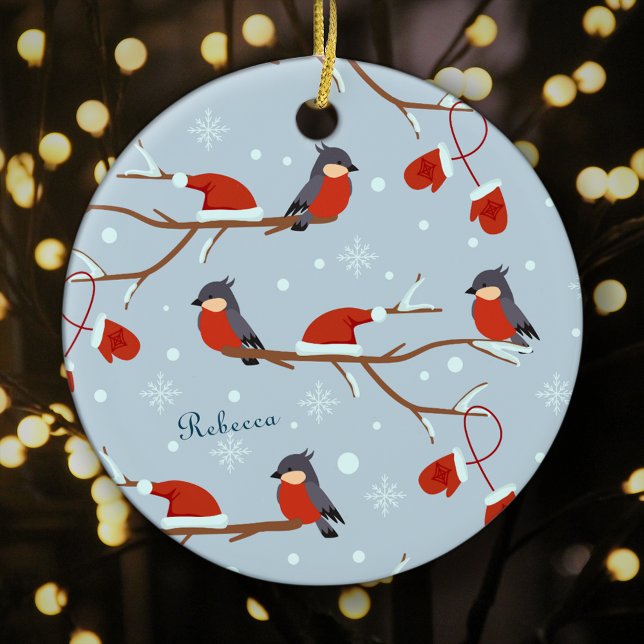 Winter Robins on Tree Branches Cute Bird Christmas Ceramic Ornament (Creator Uploaded)