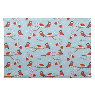 Winter Robins on Tree Branches Cute Bird Pattern Cloth Placemat