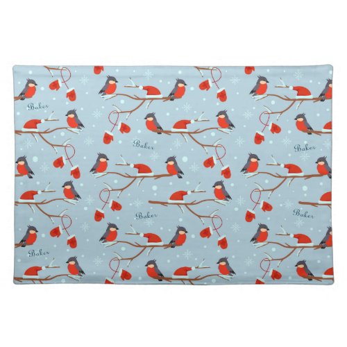 Winter Robins on Tree Branches Cute Bird Pattern Cloth Placemat