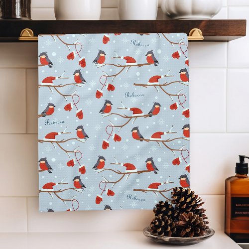 Winter Robins on Tree Branches Cute Bird Pattern Kitchen Towel