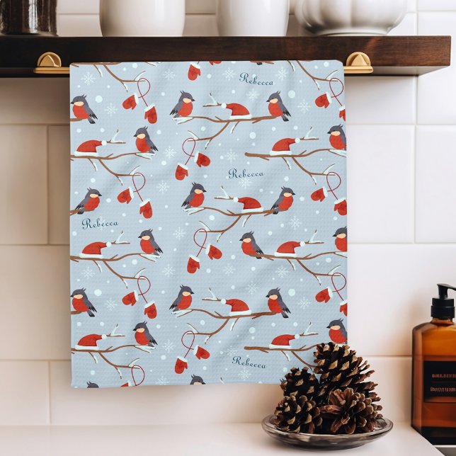 Winter Robins on Tree Branches Cute Bird Pattern Kitchen Towel (Creator Uploaded)