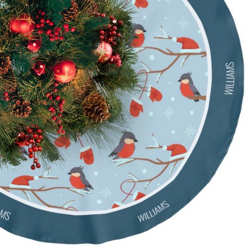 Winter Robins on Tree Cute Bird Christmas Blue Brushed Polyester Tree Skirt