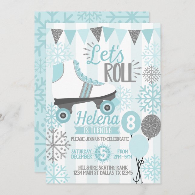 Winter Roller Skating Birthday Party Invitation (Front/Back)