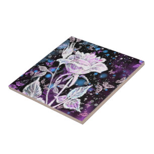 Winter Rose and Butterflies Ceramic Tile Painting