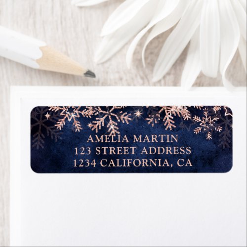 Winter rose gold snow navy blue baby shower label