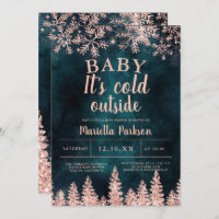 Winter rose gold snow pine baby shower invitation