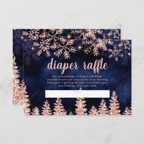 Winter rose gold snow pine navy diaper raffle baby enclosure card