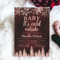 Winter rose gold snow pine red baby shower invitation