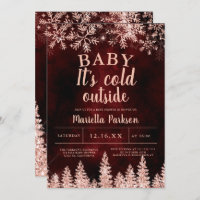 Winter rose gold snow pine red baby shower invitation