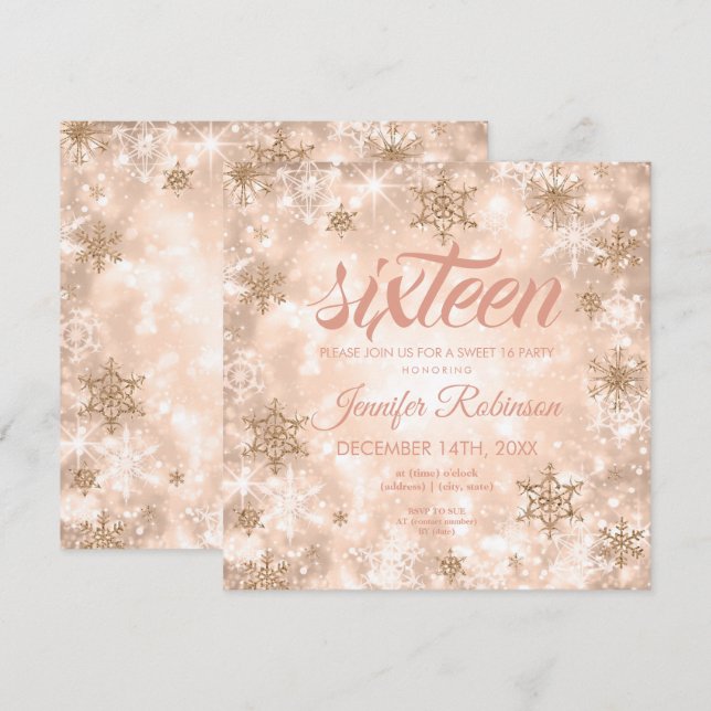Winter Rose Gold Sweet 16 Glitter Sparkle Invitation (Front/Back)