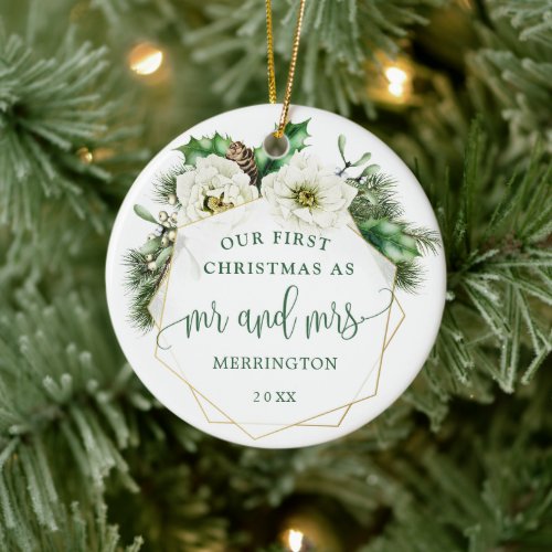 Winter Rose Mr  Mrs  First Married Christmas   Ceramic Ornament