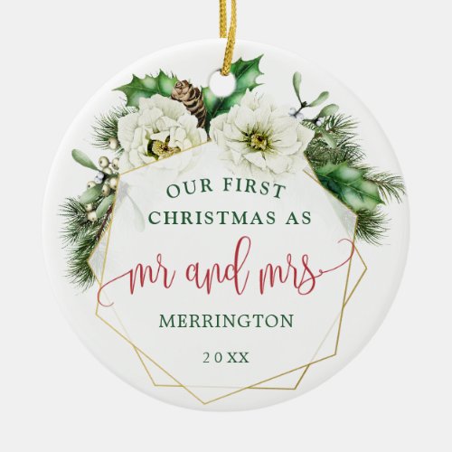 Winter Rose Mr  Mrs  First Married Christmas   Ceramic Ornament